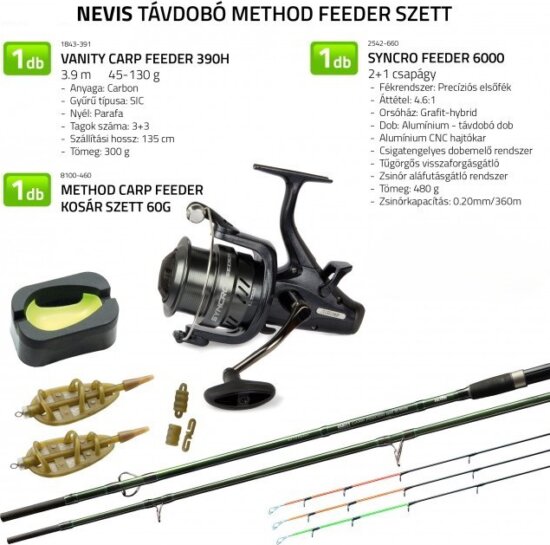 Nevis Távdobó method feeder szett Nevis Vanity Carp Feeder 390H 45-130g + Syncro Feeder 6000 nyeletőfékes orsó + Method Carp feeder kosár szett 60g