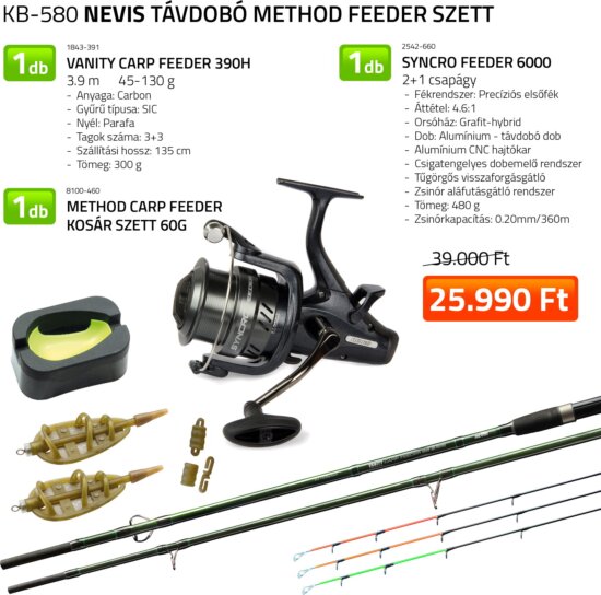 Nevis Távdobó method feeder szett Nevis Vanity Carp Feeder 390H 45-130g + Syncro Feeder 6000 nyeletőfékes orsó + Method Carp feeder kosár szett 60g