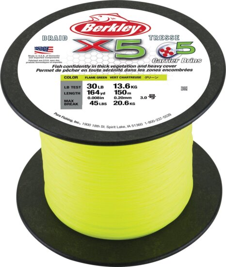Berkley x5 Braid; 2000m | 2190yd, 0,08mm, 7,6kg, Flame Green fonott pergető zsinór