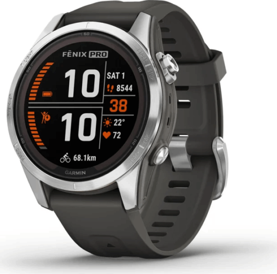 Garmin Fenix 7S Pro Solar, ezüst, grafitszürke szilikon szíjjal (ED)