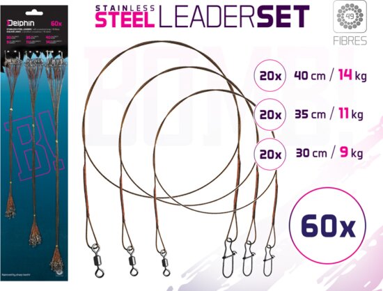 Delphin Szett BOMB! acél előke karabinerrel / 49 szál (60x /30,35,40cm/9,11,14kg)