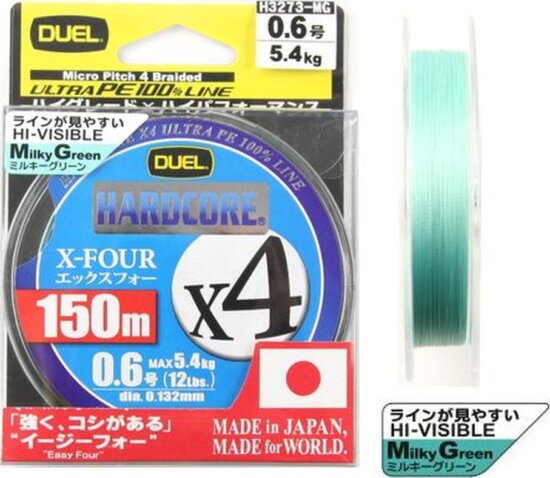 DUEL Hardcore X4 PE 0,8 150m 4 szálas fonott, "Milky Green" szín