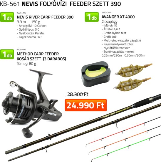 Nevis Folyóvízi feeder szett Nevis River Carp feeder 390 horgászbot + Avanger XT 4000 nyeletőfékes orsó + Method Carp feeder kosár szett 80g