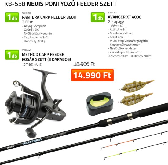 Nevis Pontyozó Feeder szett Pantera Carp Feeder 360H + Avanger XT 4000 nyeletőfékes orsó + Method Carp feeder kosár szett 40g