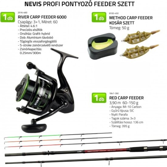Nevis Profi Pontyozó Feeder szett Red Carp Feeder 3,9m 60-150 g + River Carp Feeder 6000 + Method Carp feeder kosár szett 50g