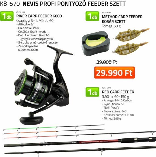 Nevis Profi Pontyozó Feeder szett Red Carp Feeder 3,9m 60-150 g + River Carp Feeder 6000 + Method Carp feeder kosár szett 50g