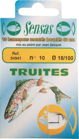 Sensas Előkötött horog Trout Strong Blue 60cm 4/0,22 10db