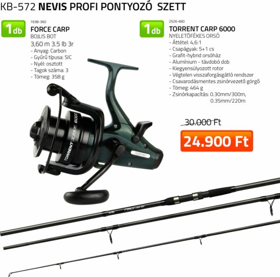 Nevis Profi Pontyozó szett Force Carp 3,6m 3,5LB bojlis bot + Torrent Carp 6000 nyeletőfékes orsó