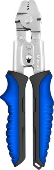 Mustad 10" Crimping Tool, , 420 Stainless Steel, Fine Polish Blue