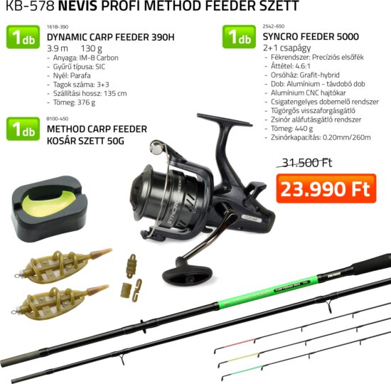 Nevis Profi Method Feeder szett Dynamic Carp Feeder 390H + Syncro Feeder 5000 nyeletőfékes orsó + Method Carp Feeder kosár szett 50g