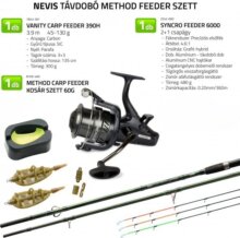Nevis Távdobó method feeder szett Nevis Vanity Carp Feeder 390H 45-130g + Syncro Feeder 6000 nyeletőfékes orsó + Method Carp feeder kosár szett 60g